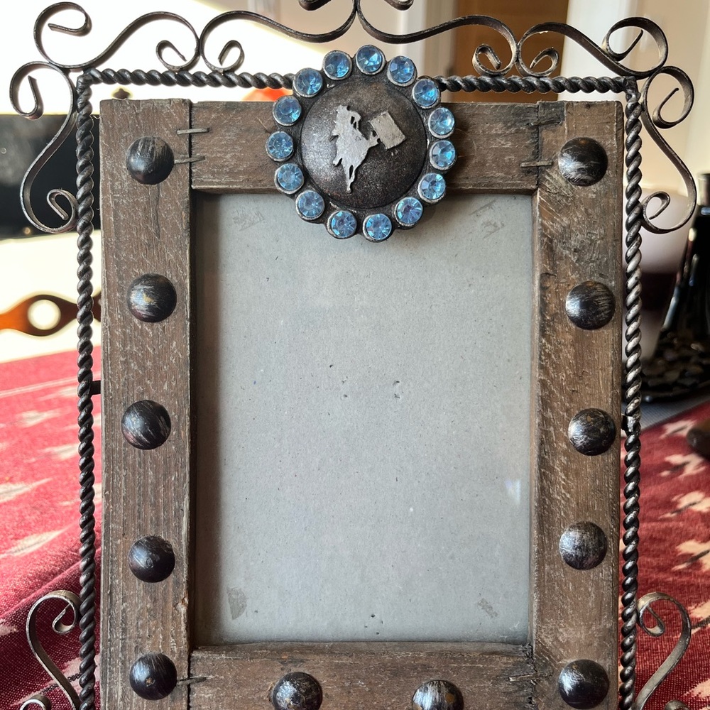 Rustic Brown Photo Frame with Blue Accents barrel racer